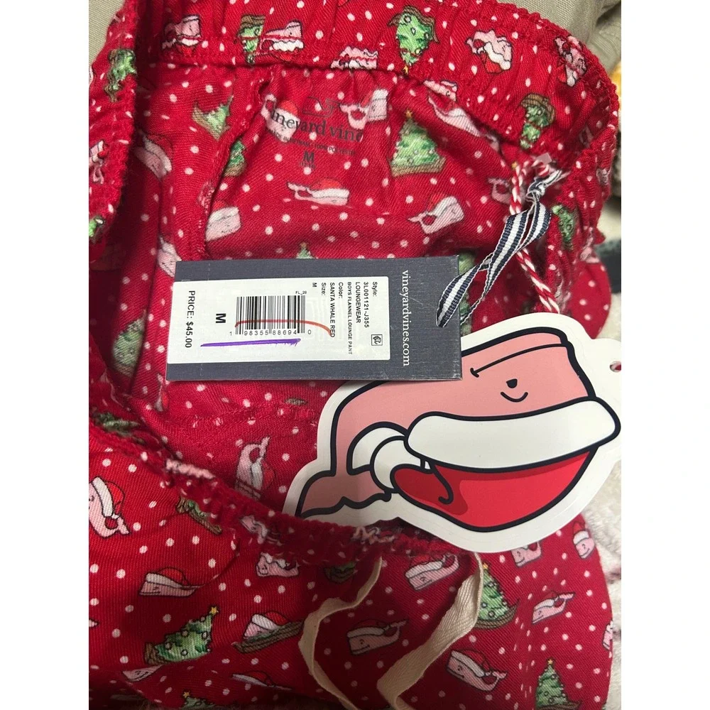 Vineyard Vines kids Santa Whale Flannel Loungewear Pant Cotton M Red‎ Christmas